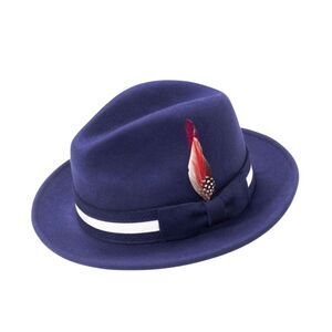 MONTIQUE MEN'S NAVY FELT FEDORA WITH WHITE BAND AND RED FEATHER. H100